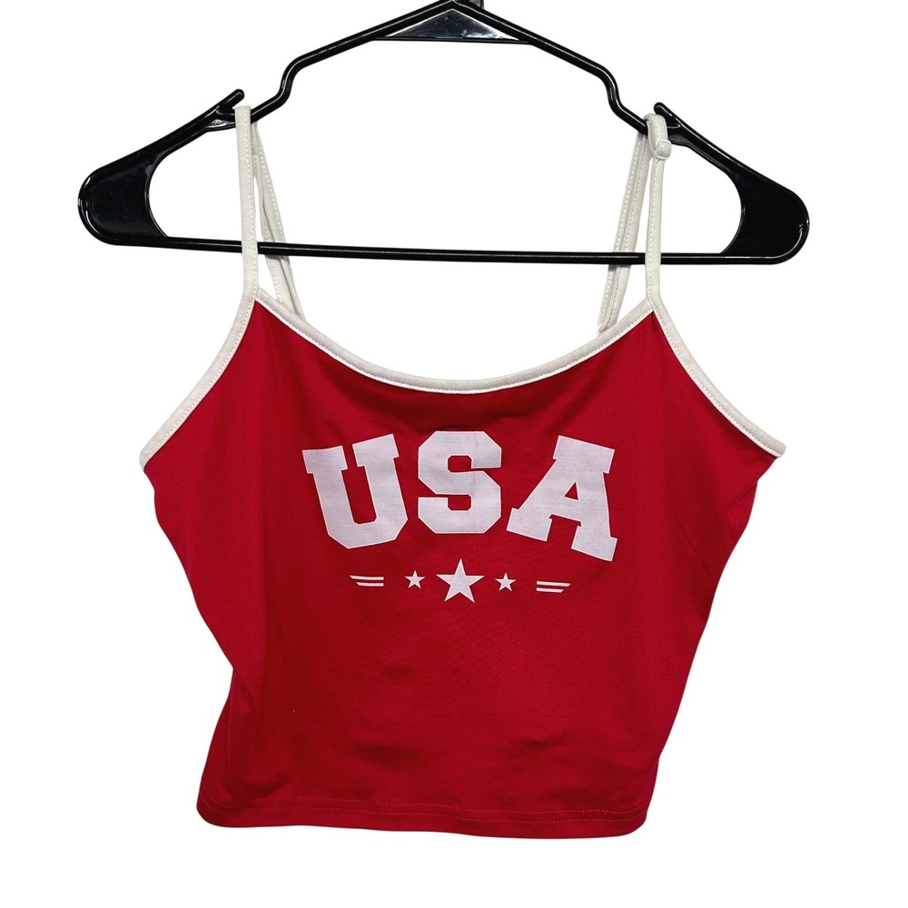 Y2K USA Cami Crop Top XS S Red White Americana Mallcore Festival Patriotic